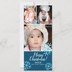 Merry Christmas Blue SnowFlakes Baby Photo Collage Holiday Card