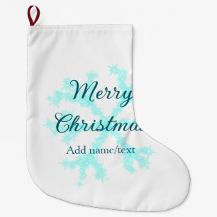 Merry Christmas blue snowflakes glitter sparkle na Large Christmas Stocking