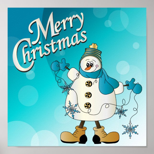 Merry Christmas Blue Snowman Poster (Front)