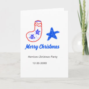 Merry Christmas blue star red stockings name date Card