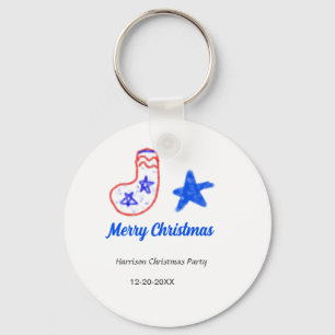 Merry Christmas blue star red stockings name date Key Ring