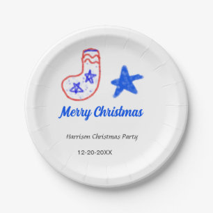Merry Christmas blue star red stockings name date Paper Plate