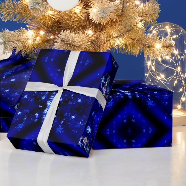 Merry Christmas Blue Stars Bauble Ornaments Wrapping Paper (Holidays)