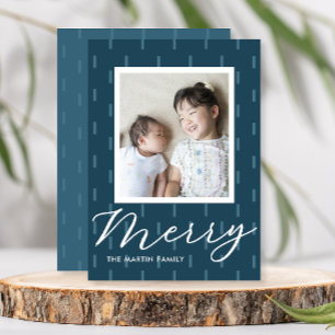 Merry Christmas Blue Stiched Print Photo Holiday Card