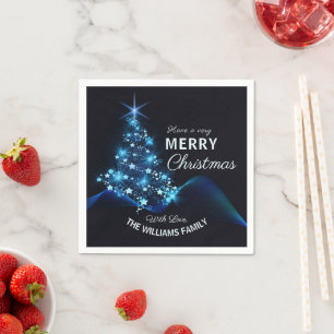 Merry Christmas Blue Tree & Stars Holiday   Napkin