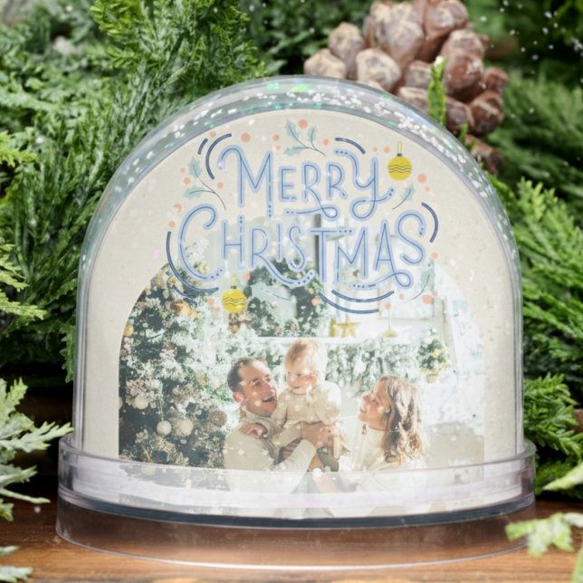 Merry Christmas Blue Typography Arched Photo  Snowglobe (Send cheer with this bold and playful holiday snow globe!)
