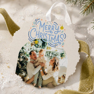 Merry Christmas Blue Typography Arched Photo Tree Decoration Card