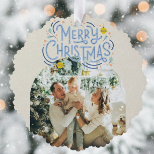 Merry Christmas Blue Typography Arched Photo  Tree Decoration Card