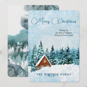 Merry Christmas Blue Watercolor Winter Scape Holiday Card