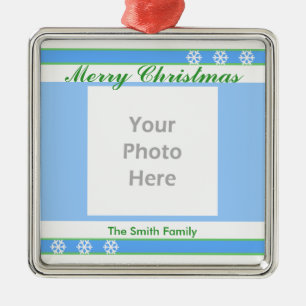 Merry Christmas Blue, White, Green (photo frame) Metal Ornament