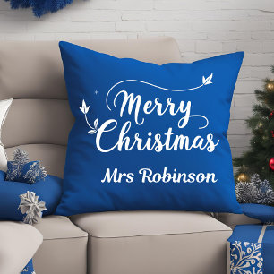 Merry Christmas Blue White Minimal Custom Family Cushion