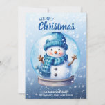 Merry Christmas Blue White Snowman Holiday Card<br><div class="desc">"Merry Christmas" customisable Christmas greeting card with a cute snowman inside a snow globe on a soft blue background. Personalise with your family name and any other text you choose. Contact me for assistance with your customisations or to request additional matching or coordinating Zazzle products.</div>