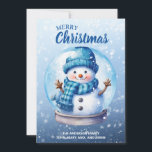 Merry Christmas Blue White Snowman Holiday Card<br><div class="desc">"Merry Christmas" customisable Christmas greeting card with a cute snowman inside a snow globe on a soft blue background. Personalise with your family name and any other text you choose. Contact me for assistance with your customisations or to request additional matching or coordinating Zazzle products.</div>