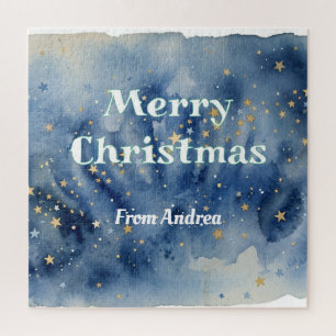 merry christmas blue white stars watercolor yellow jigsaw puzzle