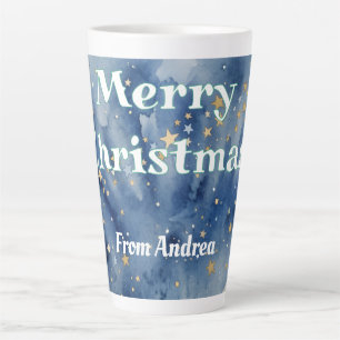 merry christmas blue white stars watercolor yellow latte mug