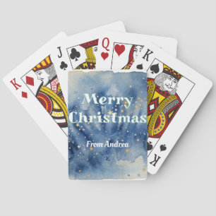 merry christmas blue white stars watercolor yellow playing cards