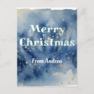 merry christmas blue white stars watercolor yellow postcard