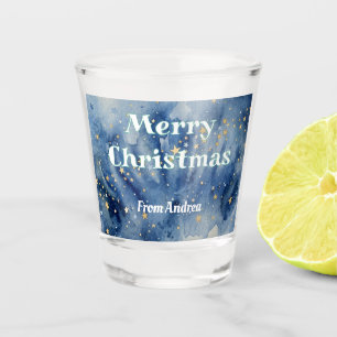 merry christmas blue white stars watercolor yellow shot glass