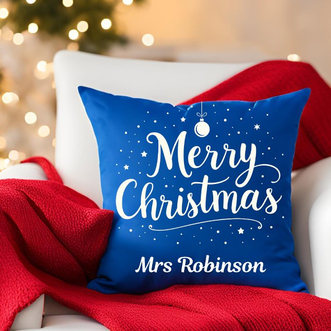 Merry Christmas Blue White Trendy Custom Name Cushion (Creator Uploaded)