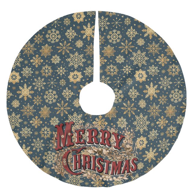 Merry Christmas Blue with Gold Snowflakes Brushed Polyester Tree Skirt (Front)