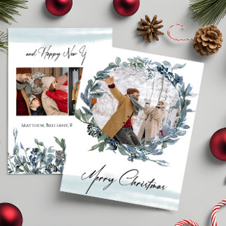 Merry Christmas Blue Wreath Photo Holiday Card