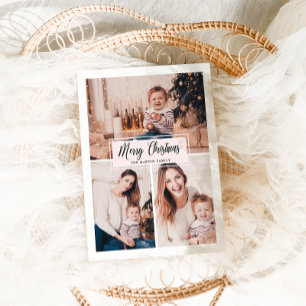 Merry Christmas Blush and White Photo Collage  Holiday Card