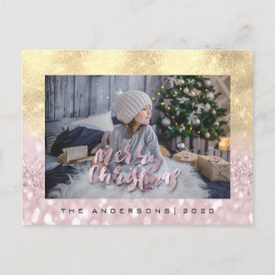 Merry Christmas Blush FauxGold Spark Photo Glitter Postcard