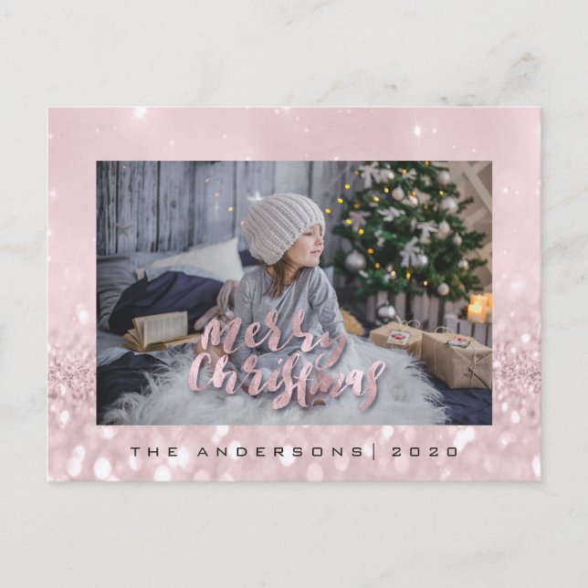 Merry Christmas Blush Gold Spark Photo Glitter Postcard (Front)