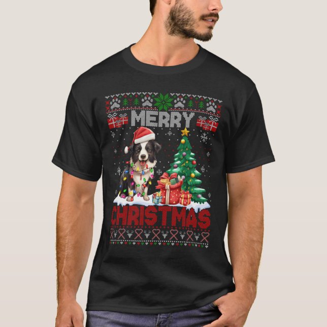 Merry Christmas Border Collie Dog Lovers Ugly Xmas T-Shirt (Front)