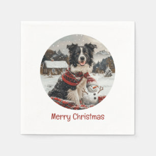 Merry Christmas Border Collie Dog Snowman Napkin