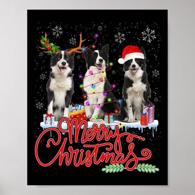 Merry Christmas Border Collie Santa Reindeer Light Poster (Front)