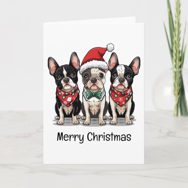 Merry Christmas Boston Terrier Dogs Holiday Card (Front)