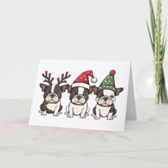 Merry Christmas Boston Terrier Dogs Holiday Card (Front)