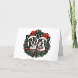 Merry Christmas Boston Terrier Dogs Holiday Wreath Card