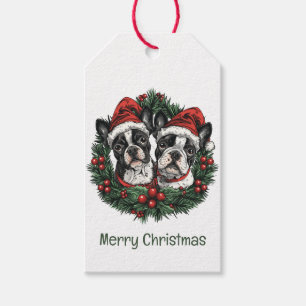 Merry Christmas Boston Terrier Dogs Holiday Wreath Gift Tags