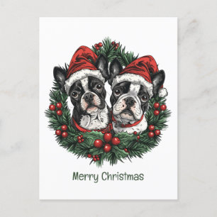 Merry Christmas Boston Terrier Dogs Holiday Wreath Postcard