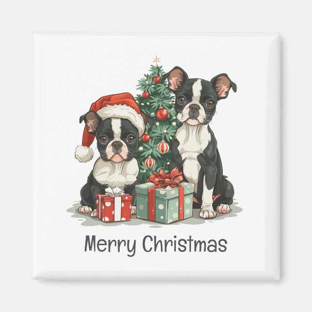 Merry Christmas Boston Terrier Dogs Magnet (Front)