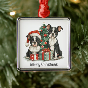 Merry Christmas Boston Terrier Dogs Metal Ornament