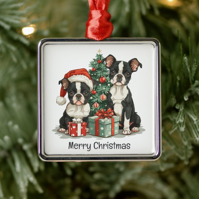 Merry Christmas Boston Terrier Dogs Metal Ornament (Tree)