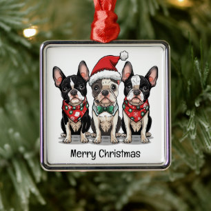 Merry Christmas Boston Terrier Dogs Metal Ornament