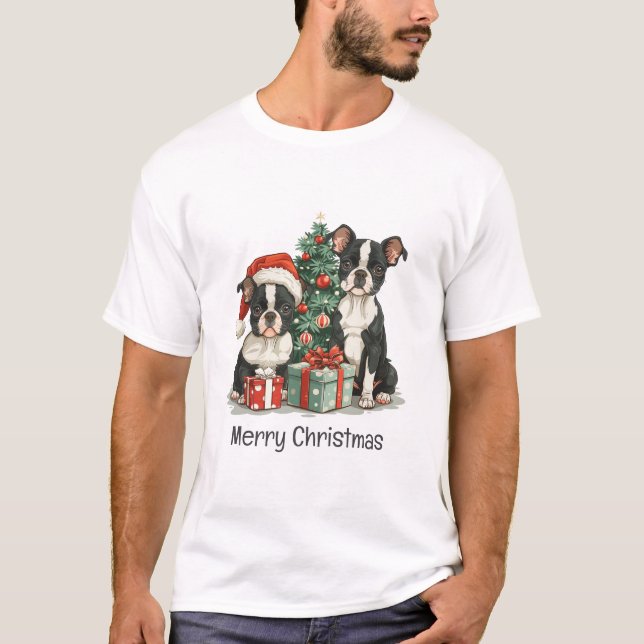 Merry Christmas Boston Terrier Dogs T-Shirt (Front)