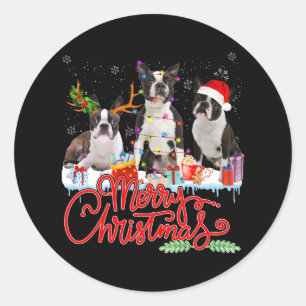 Merry Christmas Boston Terrier Santa Reindeer Ligh Classic Round Sticker