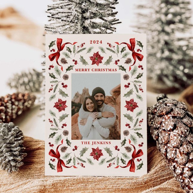 Merry Christmas Botanical Family Photo Holiday (Elegant Botanical Family Photo Card)