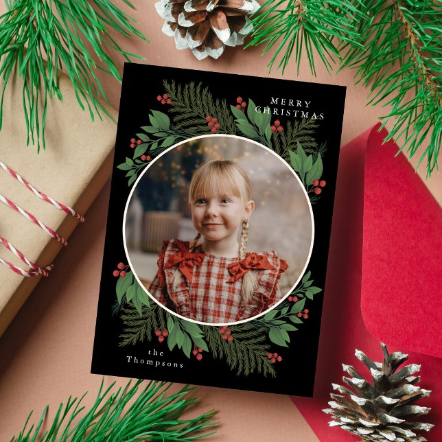 Merry Christmas Botanical Photo Greenery Wreath Holiday Card (Creator Uploaded)