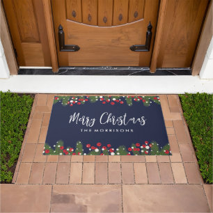 Merry Christmas Botanical Pine & Berry Custom Blue Doormat