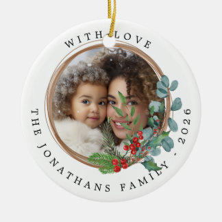 Merry Christmas Botanical Wreath Photo Ceramic Ornament
