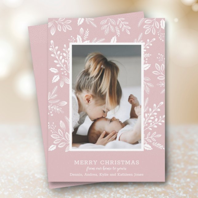 Merry Christmas Botanicals on Dusty Pink Photo Holiday Card (Creator Uploaded)