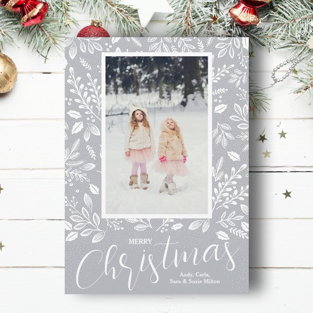 Merry Christmas Botanicals on Gray Photo Holiday Card (White botanicals on gray Merry Christmas photo holiday cards, PRINTED and/or INSTANT DOWNLOAD)