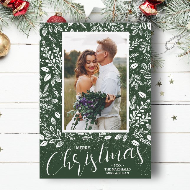 Merry Christmas Botanicals on Green Photo Holiday Card (White botanicals on green Merry Christmas photo holiday cards, PRINTED and/or INSTANT DOWNLOAD)