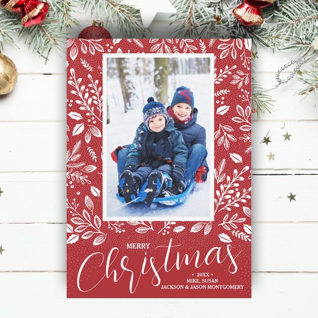 Merry Christmas Botanicals on Red Photo Holiday Card (White botanicals on red Merry Christmas photo holiday cards, PRINTED and/or INSTANT DOWNLOAD)